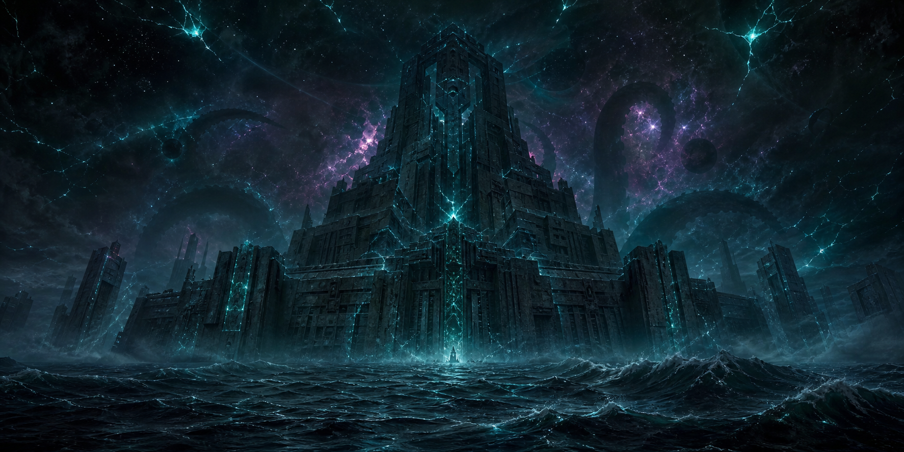 R'lyeh rising from a black sea beneath fractured stars